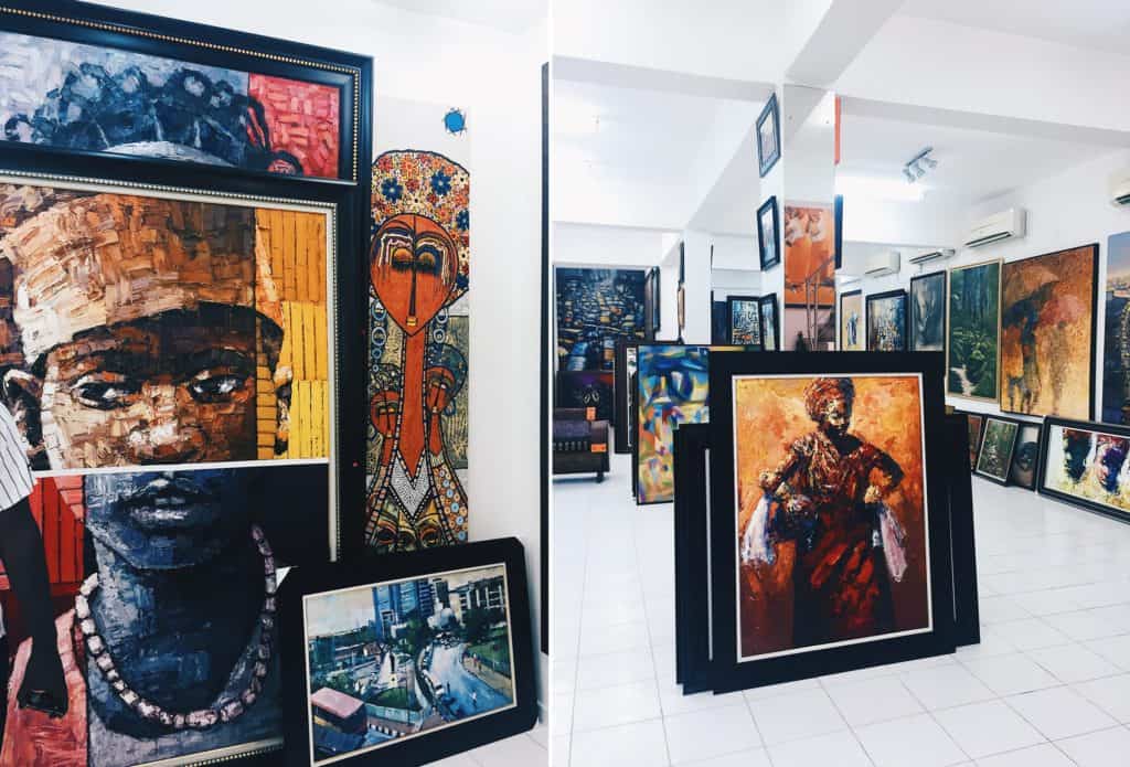 Colorful African-inspired artwork at art gallery, featuring portraits and modern paintings for home decor and art enthusiasts.