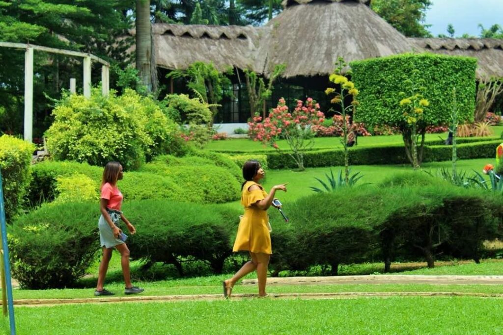 Green fields and blossoming flowers at Jhalobia Botanical Gardens.