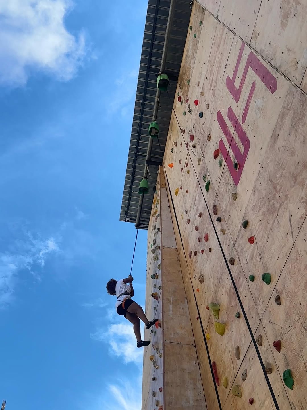 A visitor climbing the Weland Wall Climbing wall with a harness tied around her waist.