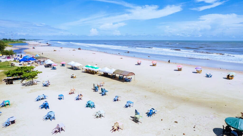 Aerial view of the Ibeno beach resort with amazing decorations.