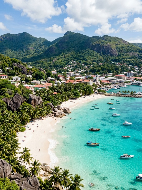 Skyline view of a white sand beach at Seychelles.