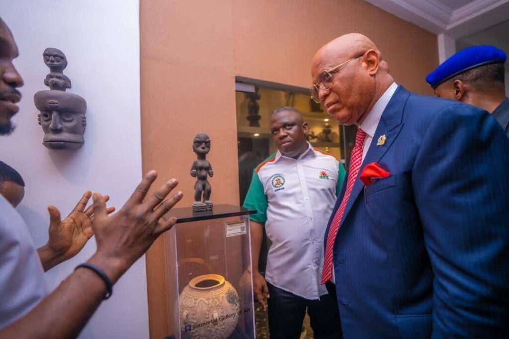 The Governor of Akwa Ibom State, Pastor Umo Eno, at Immortal Cosmetic Art Gallery in Uyo, Akwa Ibom State.