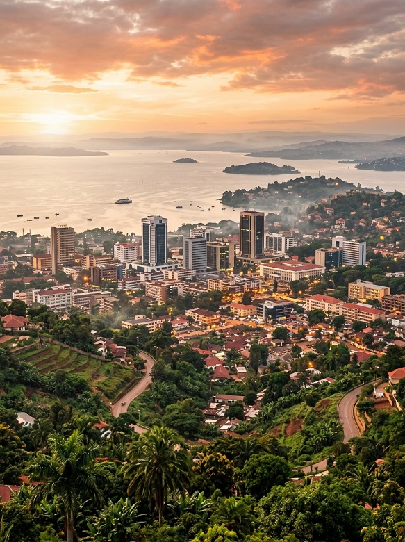 Skyline view of Uganda hills and city buildings.