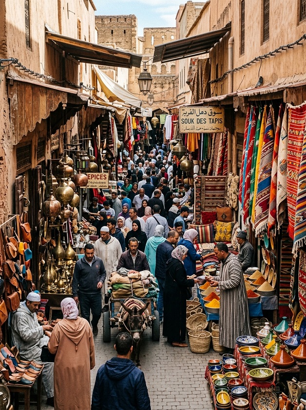 Busy Marrakech souk teeming with people