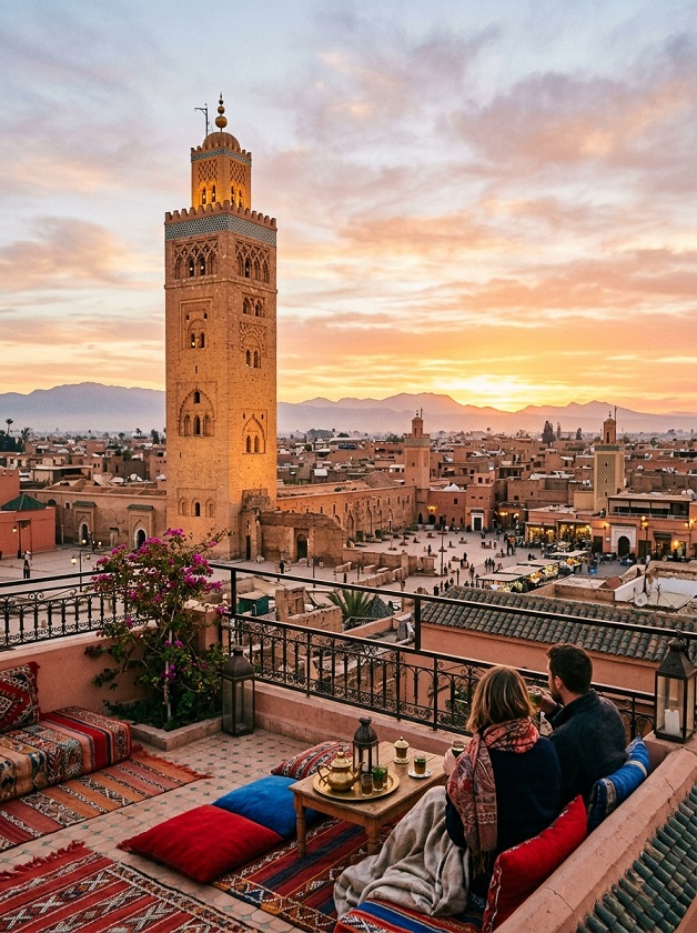Sunrise on a rooftop in Marrakech with the Koutoubia rising from a distance
