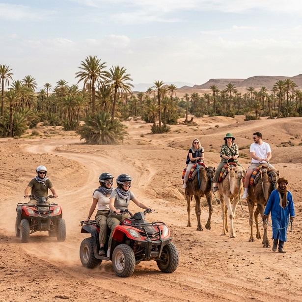 American tourists quad biking and riding a camel in Palmeraie, Marrakech