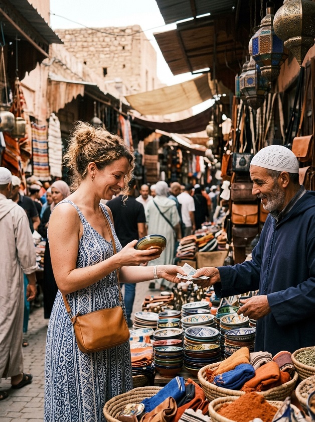 A female white tourist purchasing a hand-made souvenir