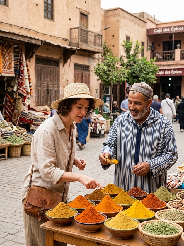 An American tourist purchasing Moroccan spices
