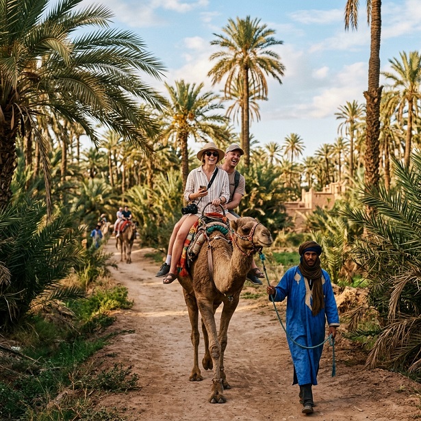 A tourist ridea a camel under the palm trees in Palmeraie, Marrakech