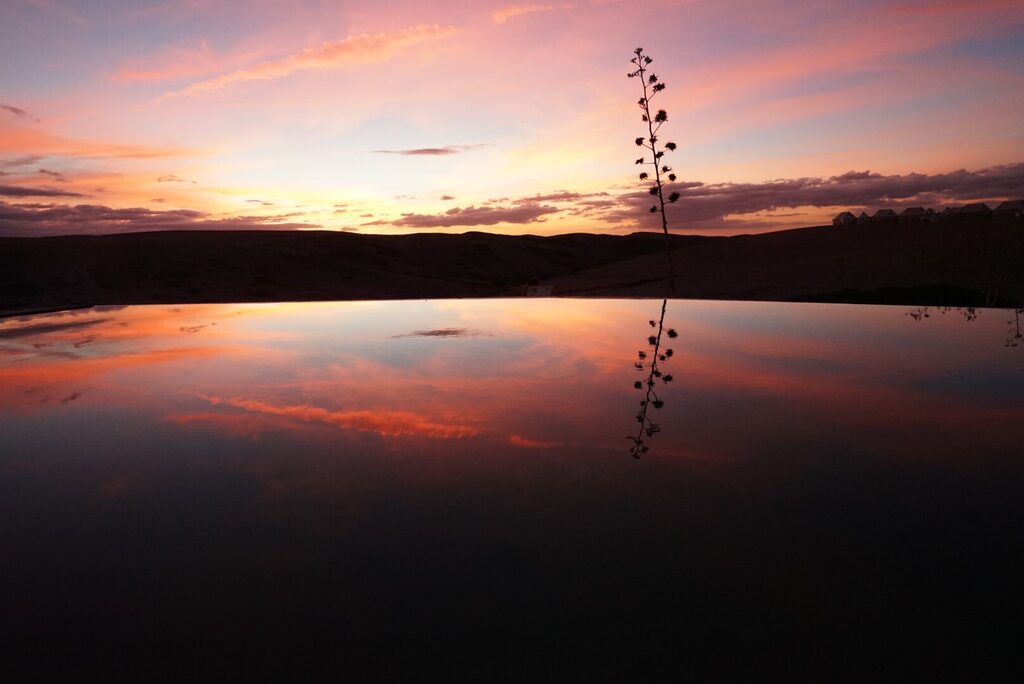 Agafay Desert mirage at sunset in Marrakech