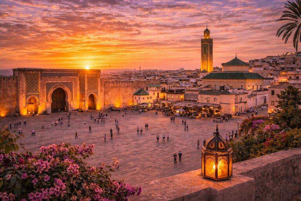 The golden imperial Meknes Medina from a rooftop at sunset.