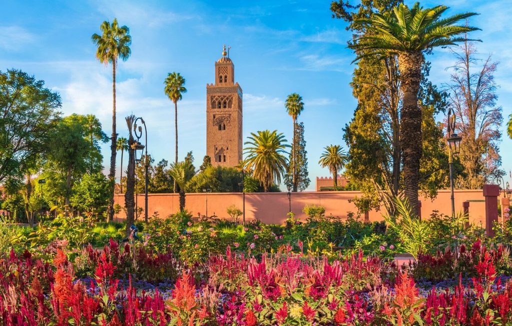 The Koutoubia Mosque in Marrakech and its surrounding gardens