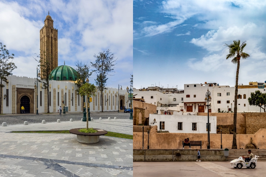 A mosque and a building in Rabat, Morocco
