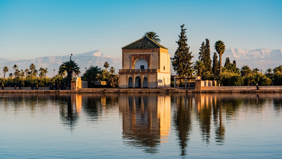Saadian pavilion in the Menara gardens and Atlas in Marrakech, Morocco, Africa