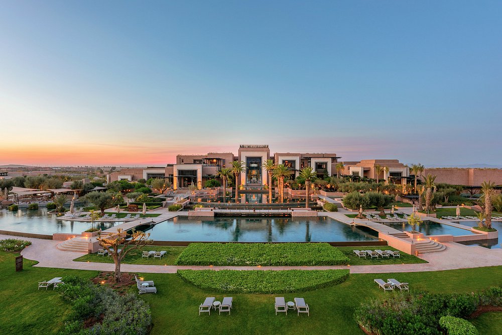 Aerial view of the facade of Fairmont Royal Palm Hotel in Marrakech