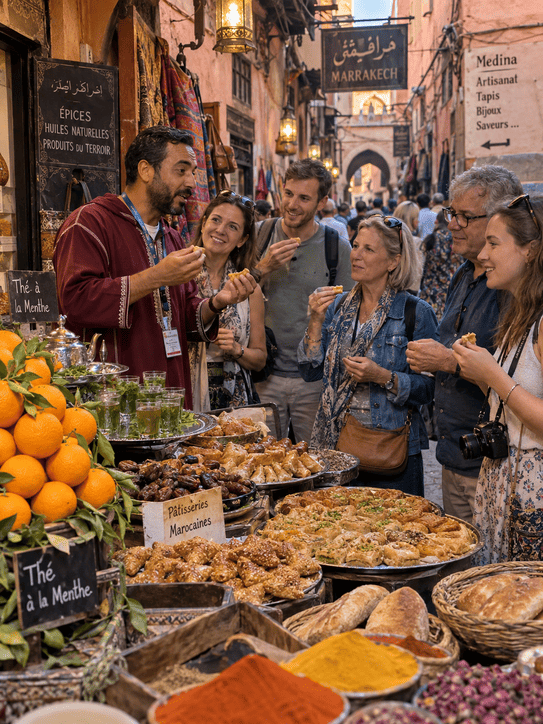 Tourists at a food market in a Marrakech souk