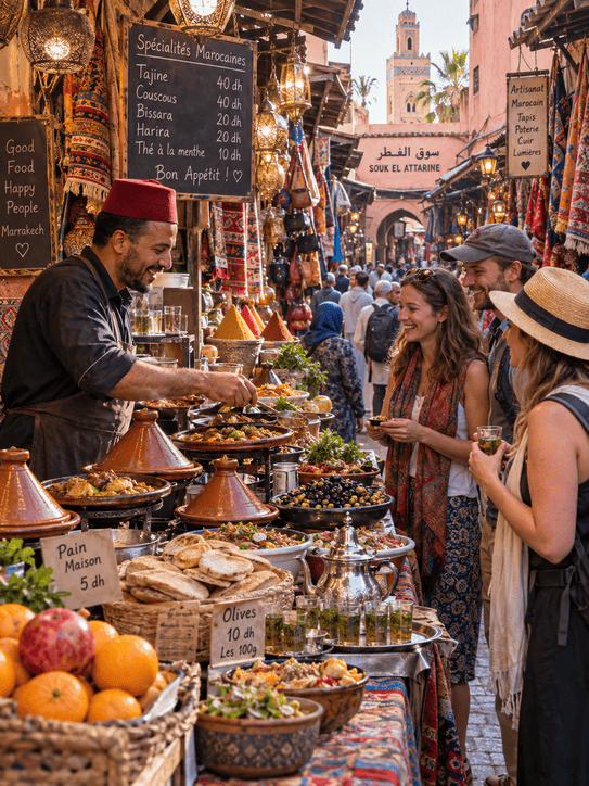 Tourists embarking on a food tour in a Marrakech souk