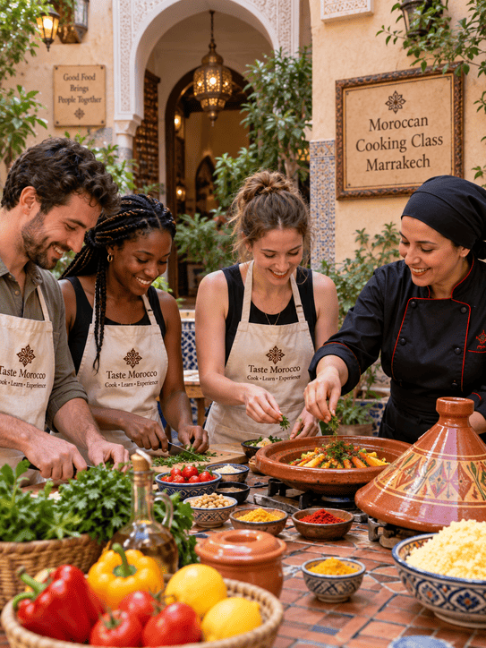 Tourists learning how to cook Moroccan food with locals