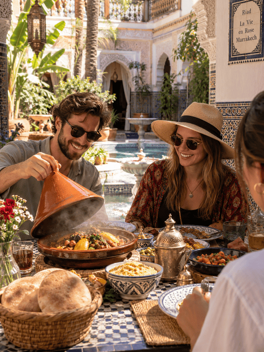 Tourists having Moroccan tagine in a riad in Marrakech