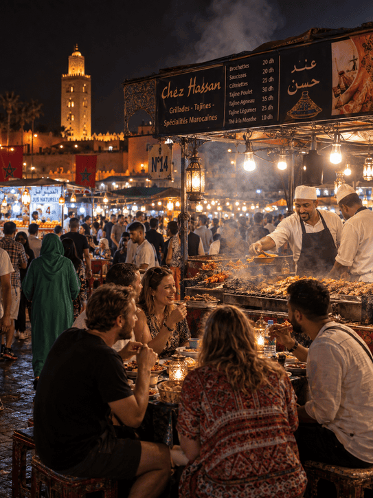 Tourists eating street food at Jemaa el-Fna square in Marrakech after dark